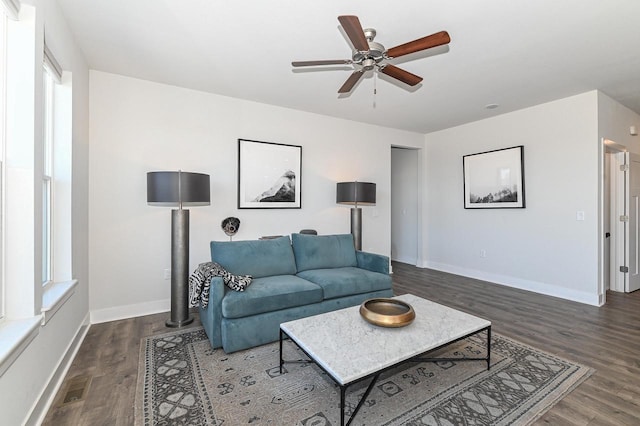 704 River Ridge Drive, Waterford, WI 53185 - living room featuring a ceiling fan, wood finished floors, and baseboards
