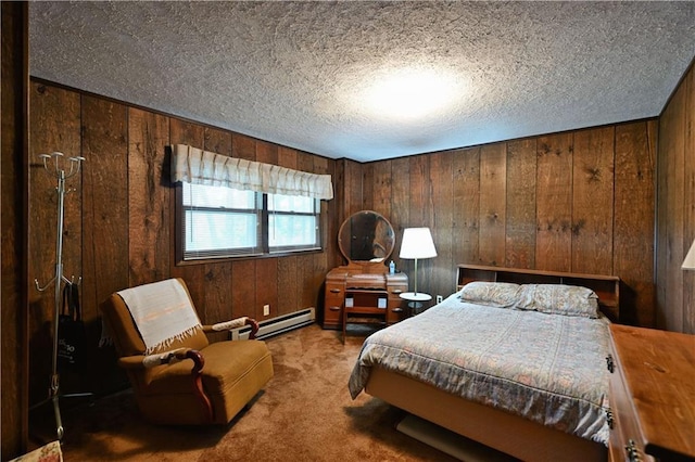W2847 County Highway B, Sarona, WI 54870 - bedroom featuring wooden walls, carpet, a baseboard radiator, and a textured ceiling