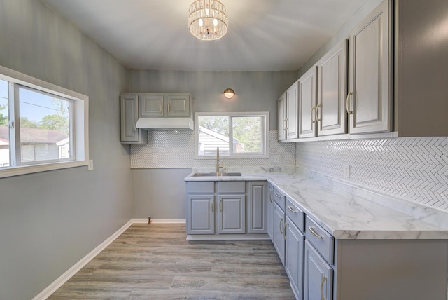 4935 N 56th St, Milwaukee, WI 53218 - kitchen featuring a sink, gray cabinets, a chandelier, and backsplash