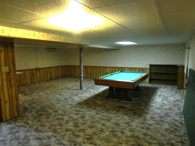 2374 S Park Ave, Beloit, WI 53511 - game room featuring wallpapered walls, carpet flooring, a drop ceiling, billiards, and wainscoting