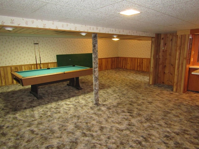 2374 S Park Ave, Beloit, WI 53511 - game room with carpet flooring, a wainscoted wall, wood walls, pool table, and wallpapered walls