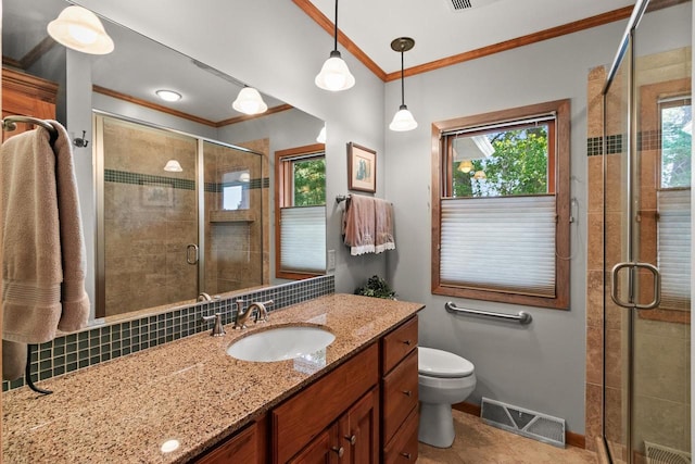 491 River St, Merrimac, WI 53561 - full bath with ornamental molding, vanity, toilet, a shower stall, and backsplash