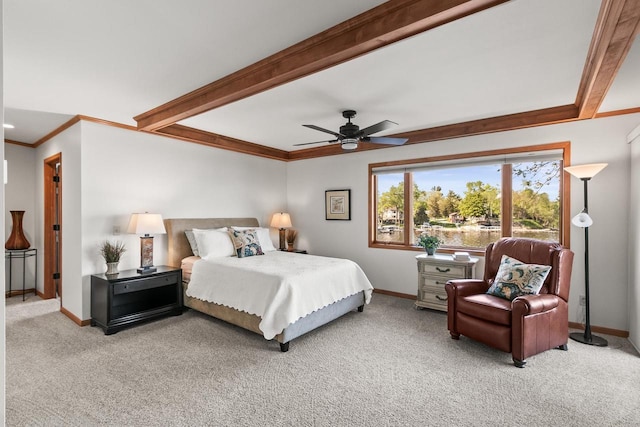 491 River St, Merrimac, WI 53561 - carpeted bedroom featuring baseboards, beam ceiling, ornamental molding, and ceiling fan