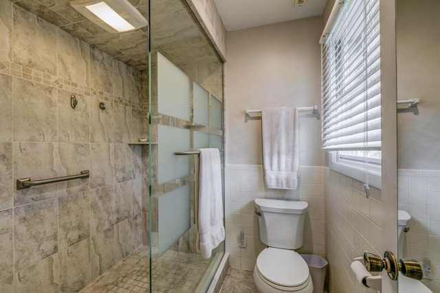 4034 Chicory Rd, Mount Pleasant, WI 53403 - full bathroom with a shower stall, toilet, healthy amount of natural light, tile walls, and wainscoting