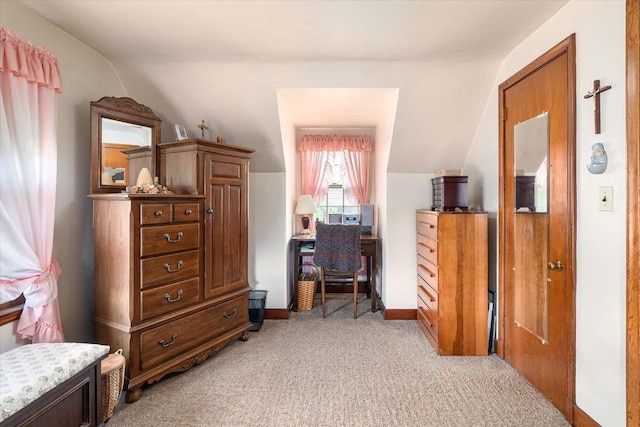 403 N Rock Ave, Viroqua, WI 54665 - bedroom with light colored carpet, lofted ceiling, and a desk