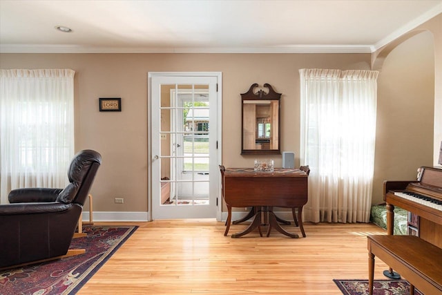 403 N Rock Ave, Viroqua, WI 54665 - home office featuring wood finished floors, crown molding, baseboards, and arched walkways