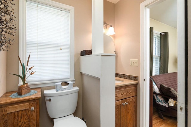 403 N Rock Ave, Viroqua, WI 54665 - half bathroom featuring vanity, toilet, and wood finished floors