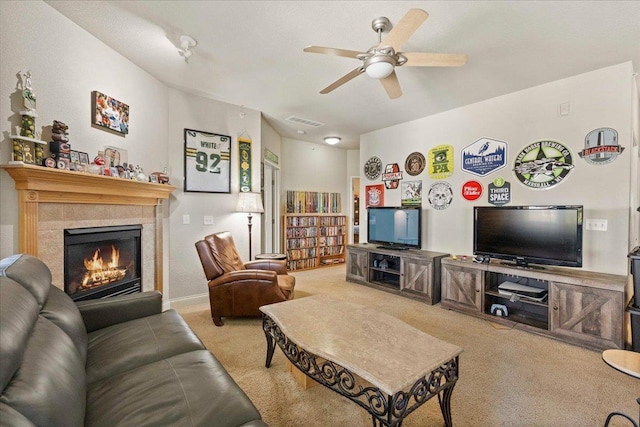 1300 School St Unit 209, Sun Prairie, WI 53590 - living room featuring carpet floors, ceiling fan, and a tiled fireplace