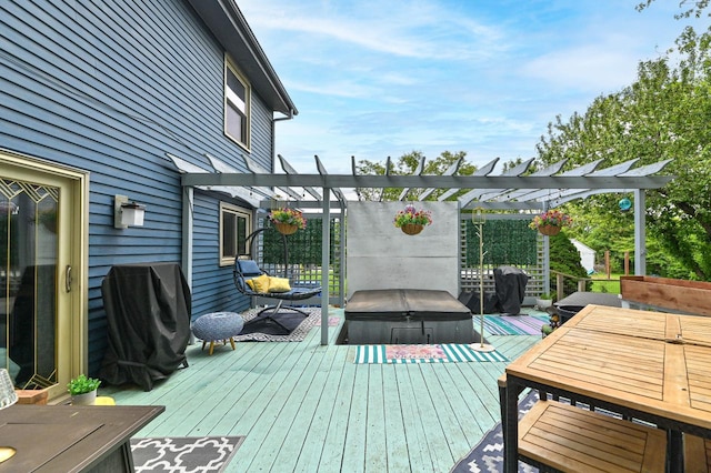 1081 E Elm Rd, Oak Creek, WI 53154 - wooden terrace featuring a hot tub, a pergola, area for grilling, and outdoor dining space