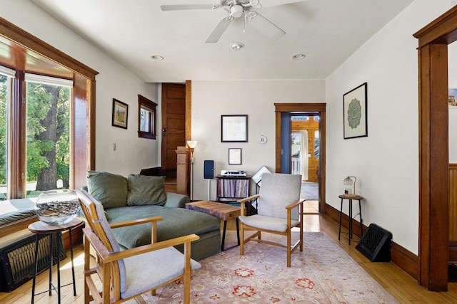 202 Lake St, Mount Horeb, WI 53572 - sitting room featuring light wood-style floors, a ceiling fan, recessed lighting, and baseboards