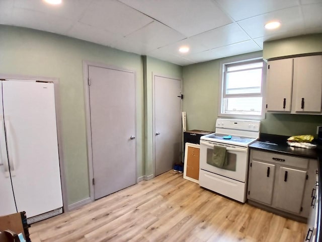 206 W Winnebago St, Appleton, WI 54911 - kitchen with white appliances, dark countertops, light wood-style flooring, and recessed lighting
