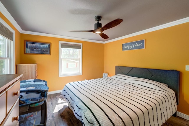 1621 W Crystal Dr, Edgerton, WI 53534 - bedroom featuring multiple windows, dark wood-style floors, ornamental molding, and ceiling fan