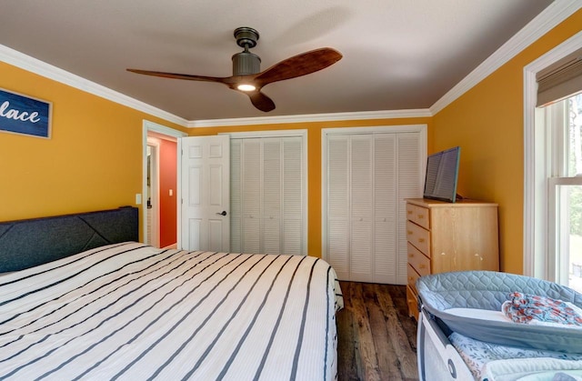 1621 W Crystal Dr, Edgerton, WI 53534 - bedroom with dark wood-style floors, multiple closets, ornamental molding, and ceiling fan