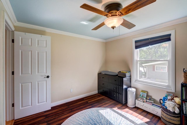 1621 W Crystal Dr, Edgerton, WI 53534 - bedroom with dark wood-style floors, ornamental molding, and ceiling fan