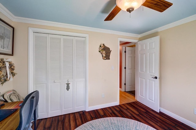 1621 W Crystal Dr, Edgerton, WI 53534 - bedroom featuring a closet, wood finished floors, ornamental molding, ceiling fan, and an office area