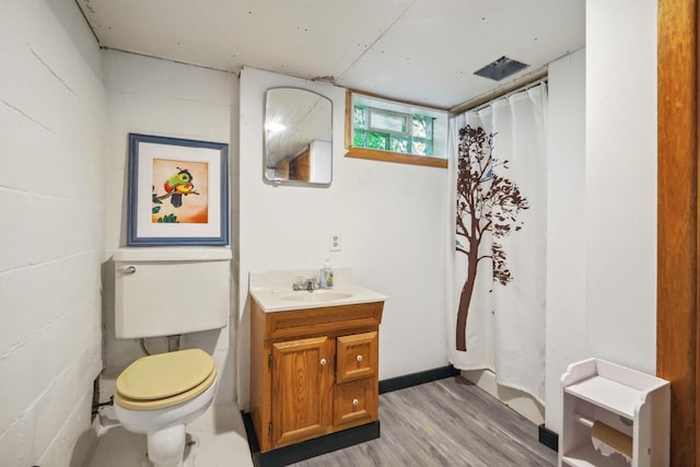 60 Madison Ave, Port Edwards, WI 54469 - bathroom featuring vanity, toilet, wood finished floors, a shower with shower curtain, and concrete block wall