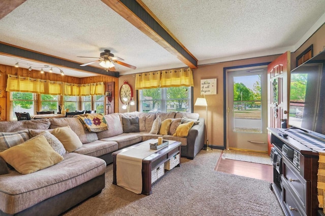 60 Madison Ave, Port Edwards, WI 54469 - carpeted living area with a textured ceiling, a ceiling fan, plenty of natural light, beamed ceiling, and baseboards