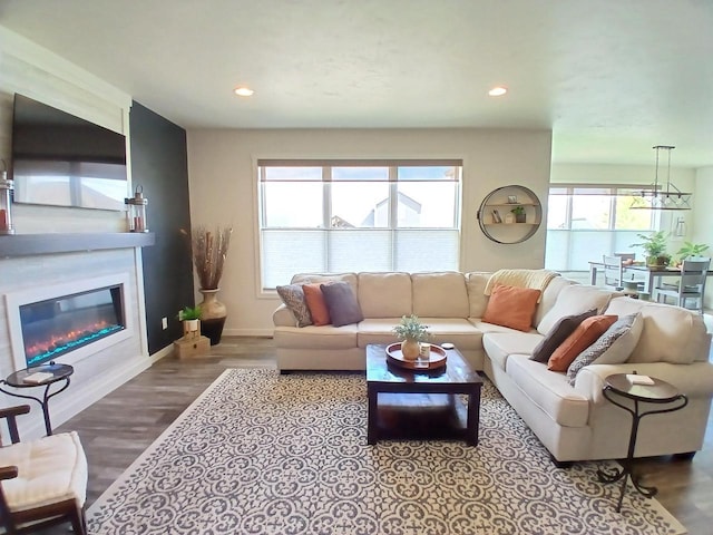 1890 Red Fox Ln, Kaukauna, WI 54130 - living area featuring baseboards, recessed lighting, wood finished floors, and a glass covered fireplace