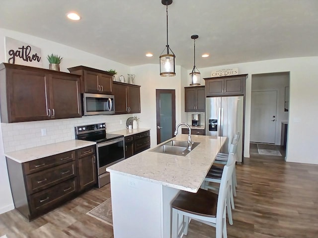 1890 Red Fox Ln, Kaukauna, WI 54130 - kitchen featuring stainless steel appliances, a sink, dark wood-type flooring, dark brown cabinetry, and tasteful backsplash