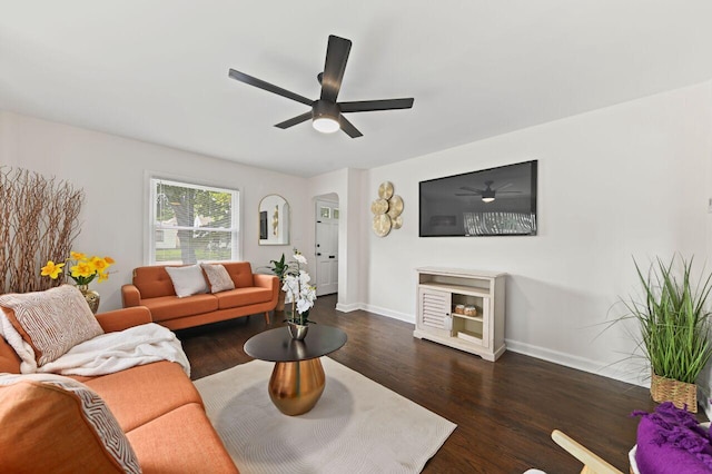 5002 N 24th Pl, Milwaukee, WI 53209 - living room featuring ceiling fan, dark wood-style floors, baseboards, and a fireplace