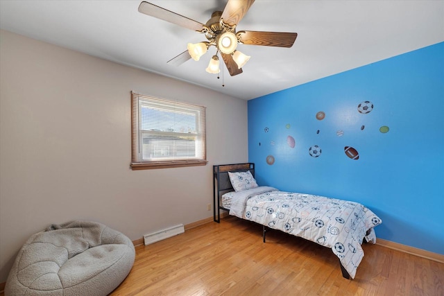 4683 N 80th St, Milwaukee, WI 53218 - bedroom featuring baseboard heating, light wood-type flooring, baseboards, and ceiling fan