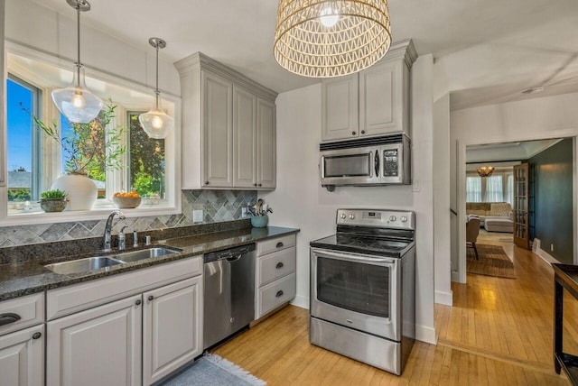 5642 N Argyle Ave, Glendale, WI 53209 - kitchen featuring stainless steel appliances, a sink, a chandelier, decorative backsplash, and light wood-style flooring