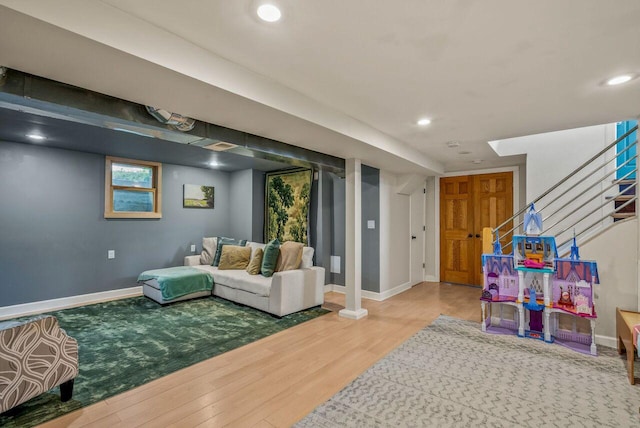 5642 N Argyle Ave, Glendale, WI 53209 - living room featuring wood finished floors, recessed lighting, stairway, and baseboards