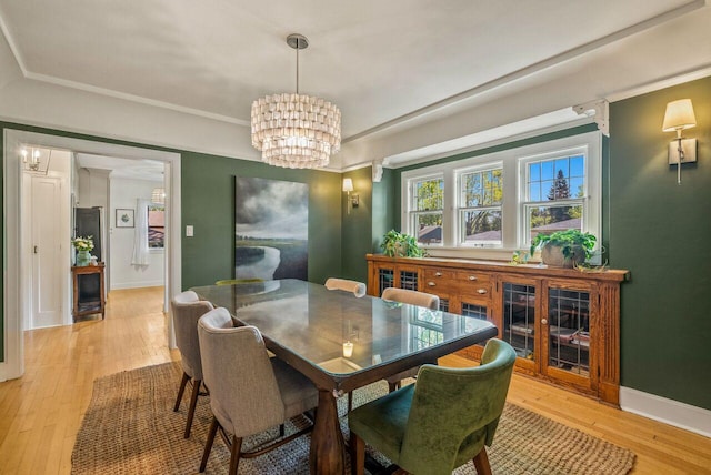5642 N Argyle Ave, Glendale, WI 53209 - dining room with light wood-style flooring, a chandelier, and baseboards