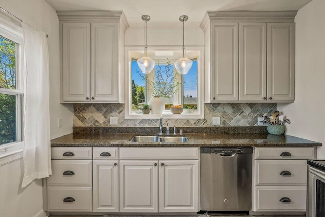 5642 N Argyle Ave, Glendale, WI 53209 - kitchen with stainless steel dishwasher, a sink, tasteful backsplash, and hanging light fixtures