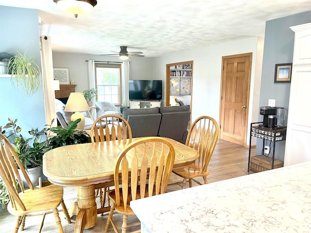 1401 E Bedford Ln, Appleton, WI 54915 - dining room featuring ceiling fan, light wood finished floors, baseboards, and a textured ceiling
