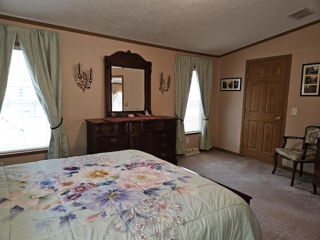 7098 Fire Tower Rd, Rhinelander, WI 54501 - bedroom featuring carpet flooring, vaulted ceiling, a textured ceiling, and ornamental molding