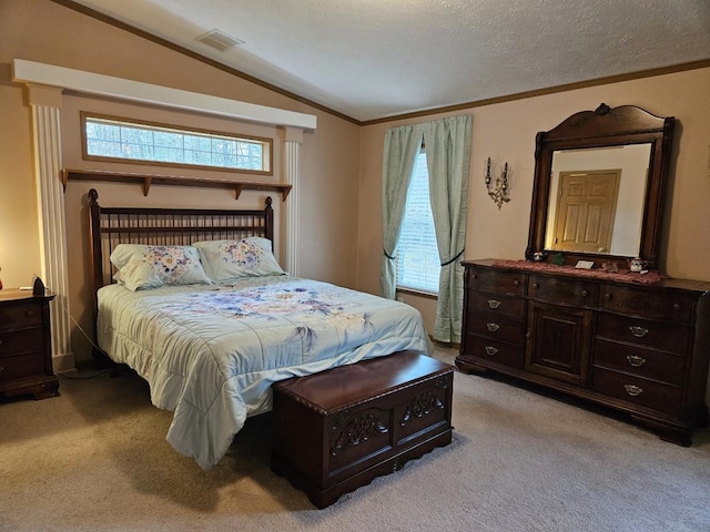 7098 Fire Tower Rd, Rhinelander, WI 54501 - bedroom featuring multiple windows, light carpet, lofted ceiling, and crown molding