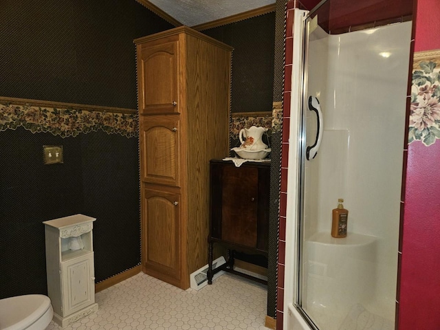 7098 Fire Tower Rd, Rhinelander, WI 54501 - bathroom with a shower stall, toilet, and ornamental molding