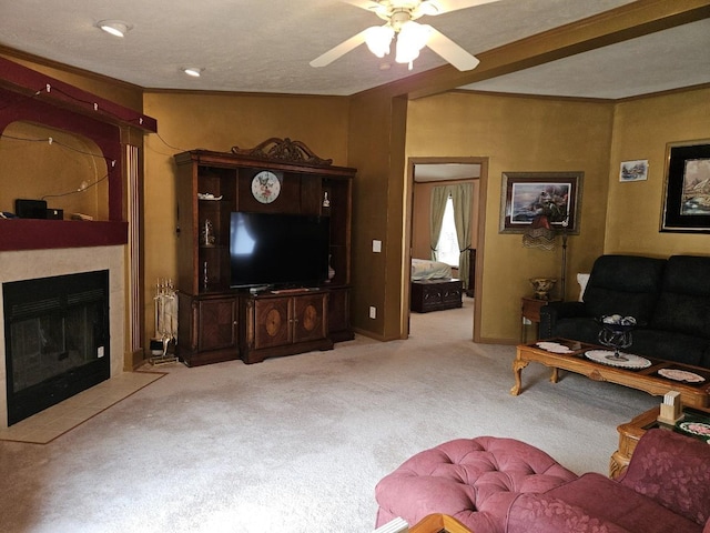 7098 Fire Tower Rd, Rhinelander, WI 54501 - living room featuring carpet flooring, ceiling fan, and a fireplace with flush hearth
