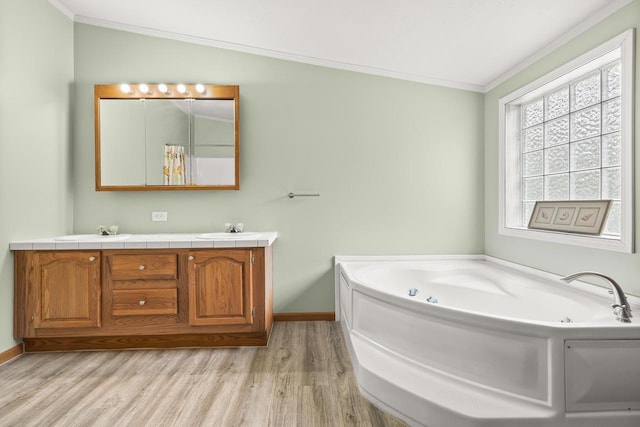 8401 4th Ave, Almond, WI 54909 - full bath featuring wood finished floors, double vanity, ornamental molding, a bath, and baseboards
