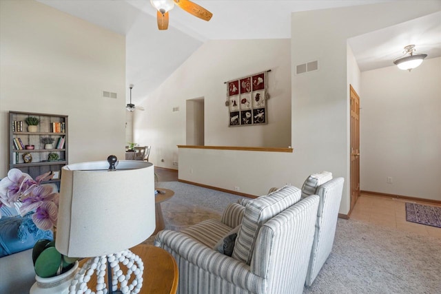 1758 Raintree Ln Unit 45, Mount Pleasant, WI 53406 - living room with a ceiling fan, lofted ceiling, carpet floors, baseboards, and tile patterned flooring