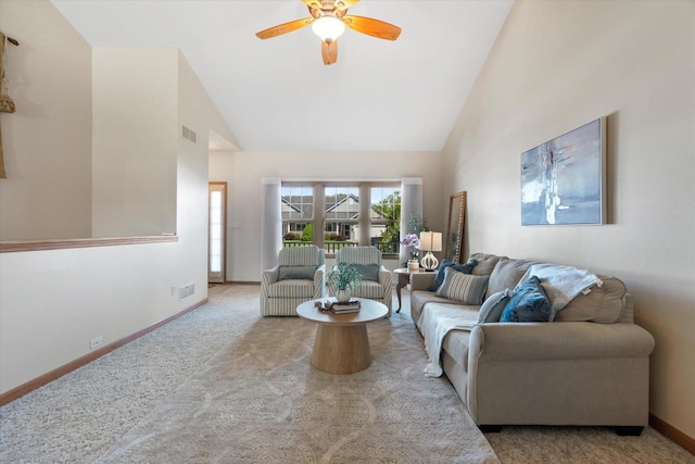 1758 Raintree Ln Unit 45, Mount Pleasant, WI 53406 - carpeted living area featuring high vaulted ceiling, a ceiling fan, and baseboards