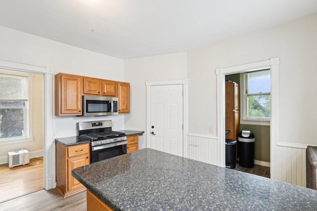 310 E Smith St Unit 312, Milwaukee, WI 53207 - kitchen featuring appliances with stainless steel finishes, dark countertops, light wood-type flooring, brown cabinetry, and a wainscoted wall