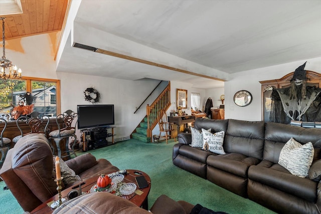 N53W34956 Rd B, Okauchee, WI 53069 - living area featuring carpet, stairs, and a chandelier