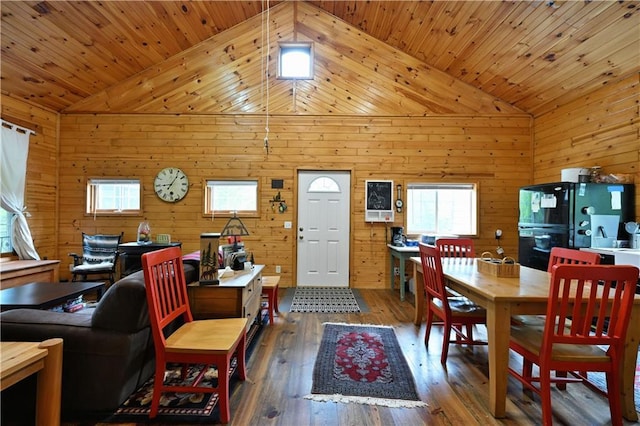 82912 Augustine Rd, Glidden, WI 54527 - living room with wood walls, wooden ceiling, wood-type flooring, and high vaulted ceiling