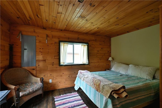82912 Augustine Rd, Glidden, WI 54527 - bedroom with electric panel, dark wood finished floors, wood walls, and wood ceiling