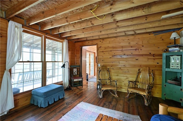 82912 Augustine Rd, Glidden, WI 54527 - living area with wood walls, hardwood / wood-style flooring, and beamed ceiling