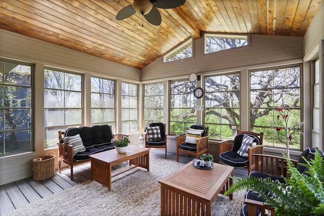 10 Prairie Hill Ct, Madison, WI 53719 - sunroom / solarium featuring an outdoor hangout area, vaulted ceiling, ceiling fan, and plenty of natural light