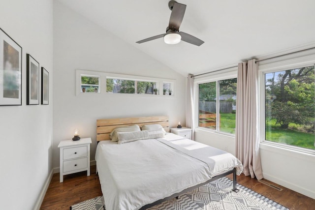 3910 Birch Ave, Madison, WI 53711 - bedroom with lofted ceiling, baseboards, wood finished floors, and ceiling fan