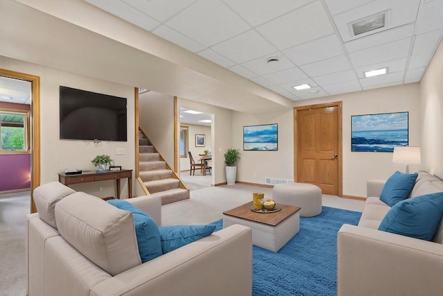 W11472 Alp Ave, Plainfield, WI 54966 - living area with carpet floors, stairs, baseboards, and a drop ceiling