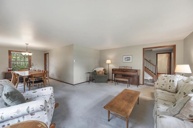 108 S Clay St, De Pere, WI 54115 - living room with a chandelier, light carpet, baseboards, and stairway