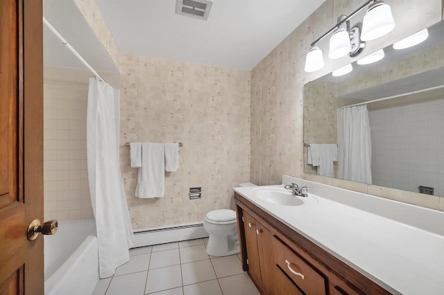 108 S Clay St, De Pere, WI 54115 - bathroom with a baseboard heating unit, tile patterned floors, vanity, toilet, and shower / bath combination with curtain
