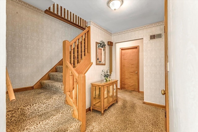 1416 Lake Dr, South Milwaukee, WI 53172 - stairs with wallpapered walls, carpet floors, and baseboards
