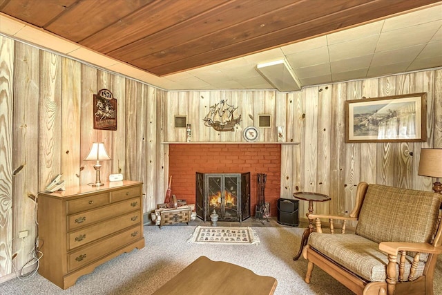1416 Lake Dr, South Milwaukee, WI 53172 - living area with carpet flooring, wood walls, and a fireplace