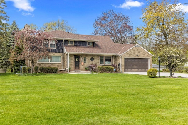 1416 Lake Dr, South Milwaukee, WI 53172 - view of front of home with a chimney, a garage, a front lawn, driveway, and roof with shingles